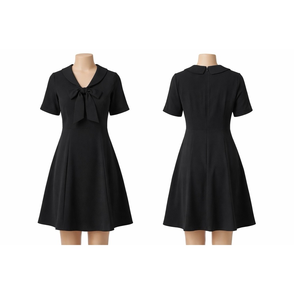 Tulip Black Bow Collar‎ Dress Womens Large Fit Flare Mini Short Sleeve Classic